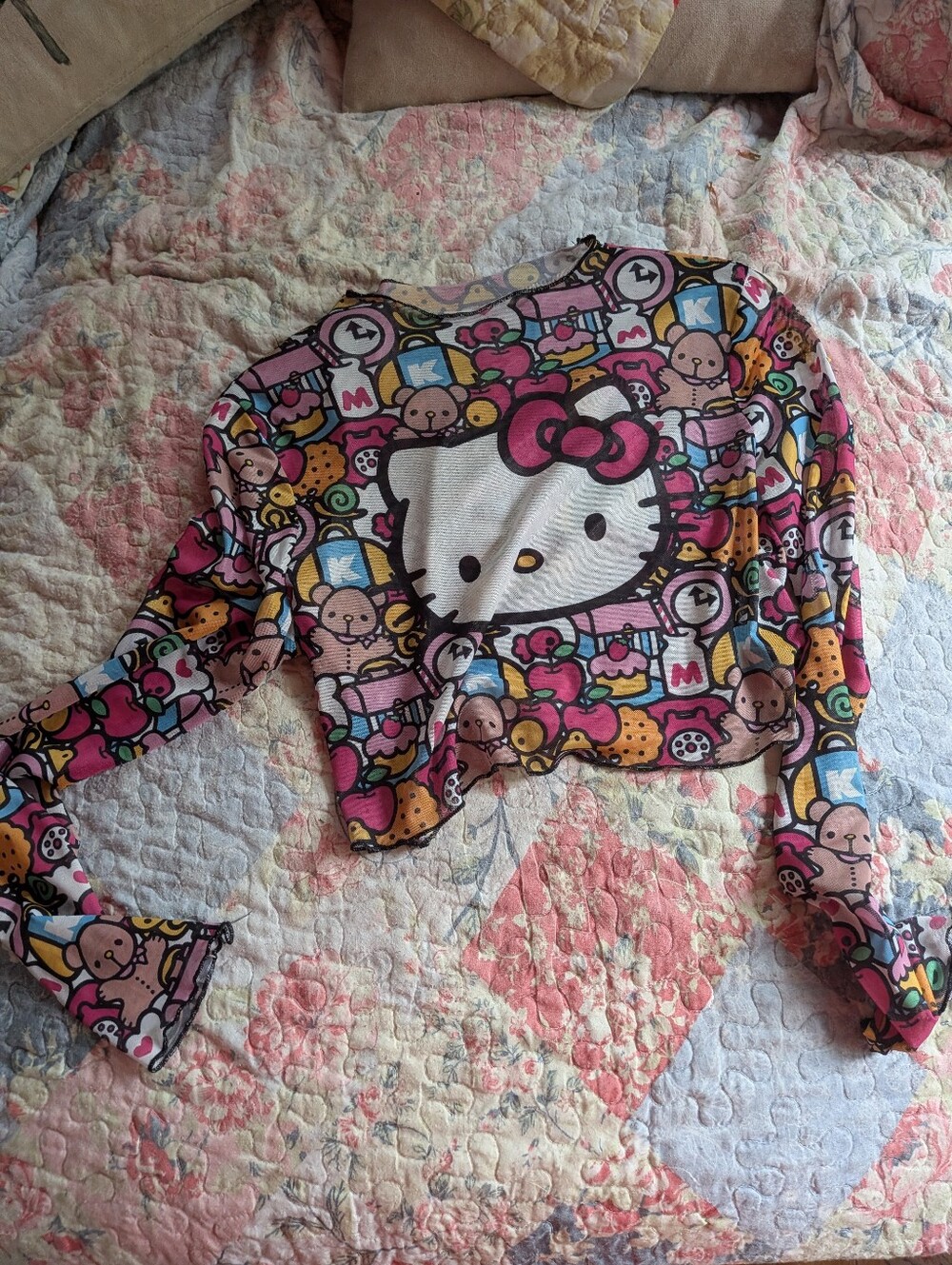 Hello Kitty Pink Multicolor Cropped Micro Mesh Top